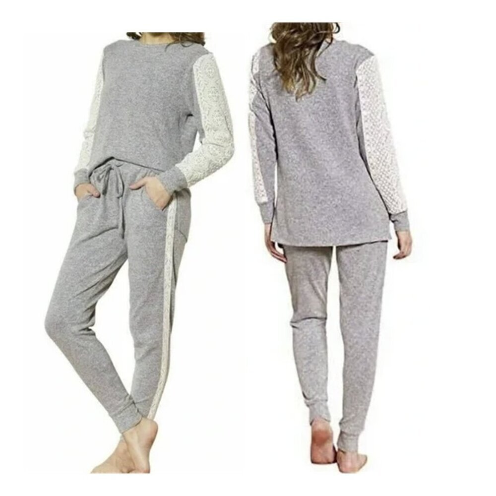 Flora Nikrooz x Anthropologie Women's New Lace Gray Cream Lounge Jogger Pant Set